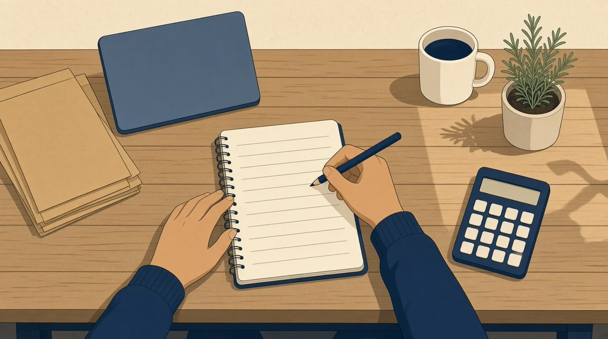 A seller's hands, forearms resting on a kitchen table, holding a pencil over a paper notebook of blank ruled columns, with a calculator and a small stack of kraft mailers beside a laptop turned away from view.