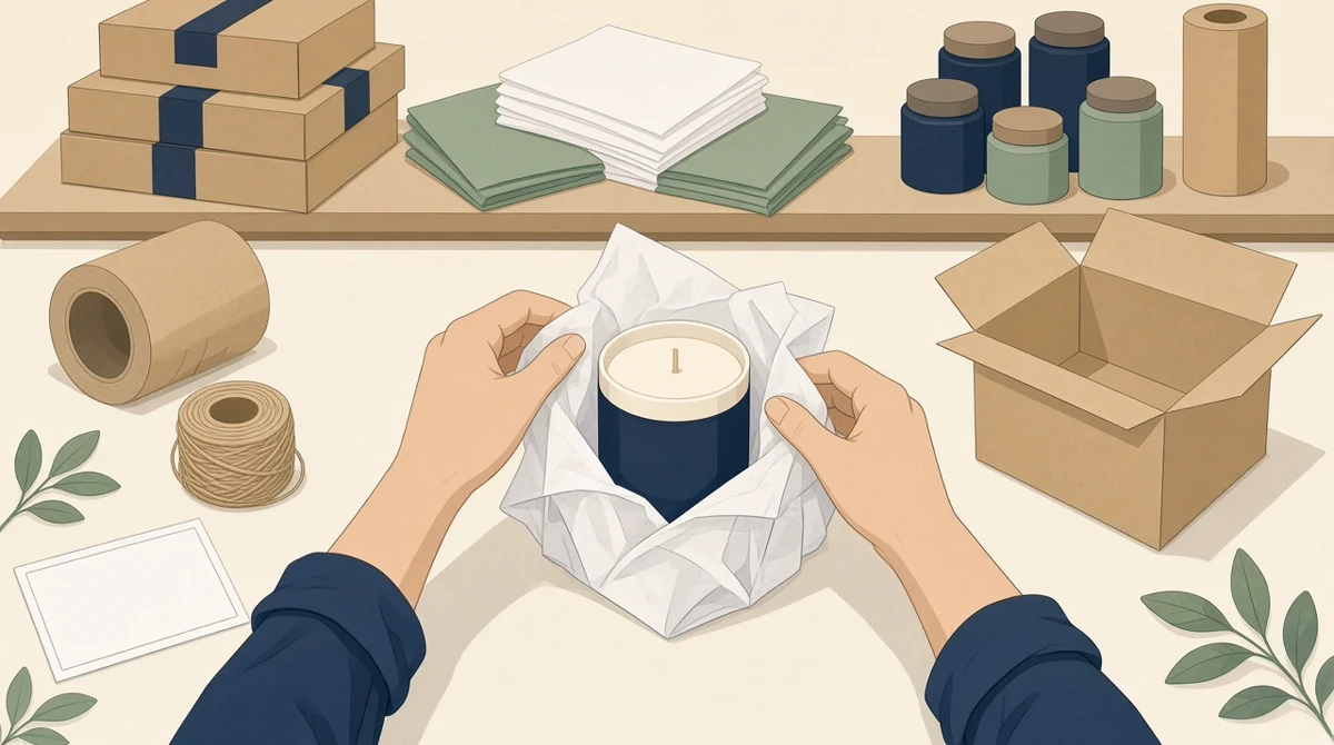 Hands with rolled sleeves wrapping a handmade candle in tissue at a packing table, with a roll of kraft tape, a small box, and a blank shipping label nearby.