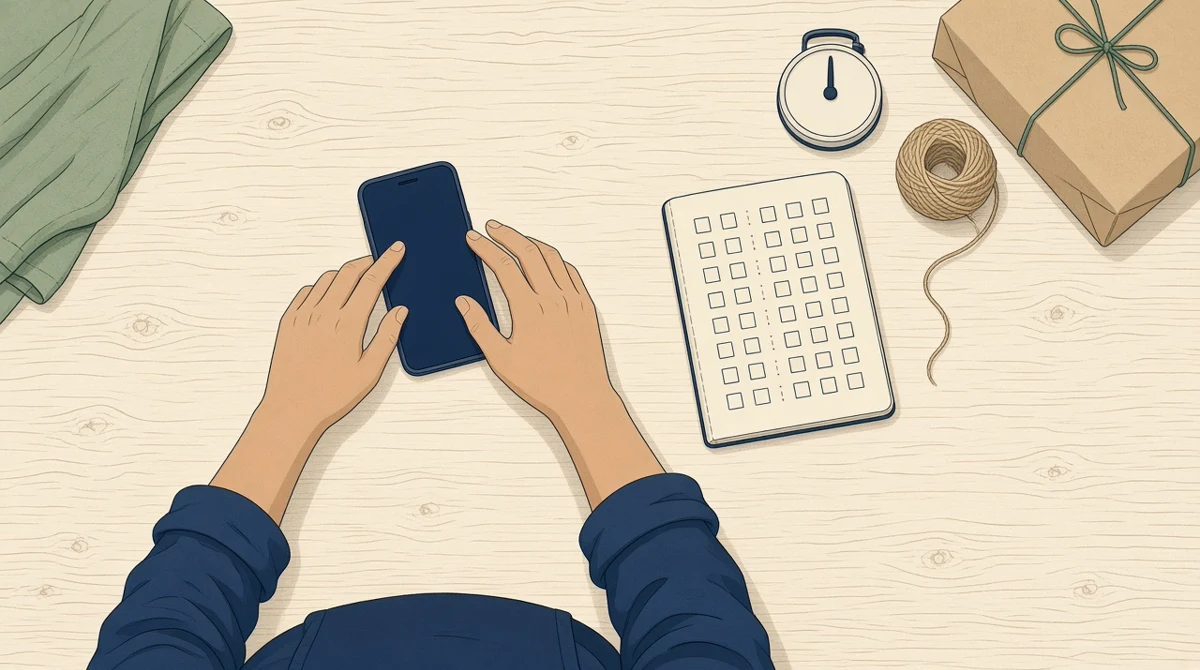A seller's hands, sleeves pushed up, pausing over a phone with a blank dark screen on a wooden work table next to a pen, a notebook of empty checkbox rows and a small kitchen timer.