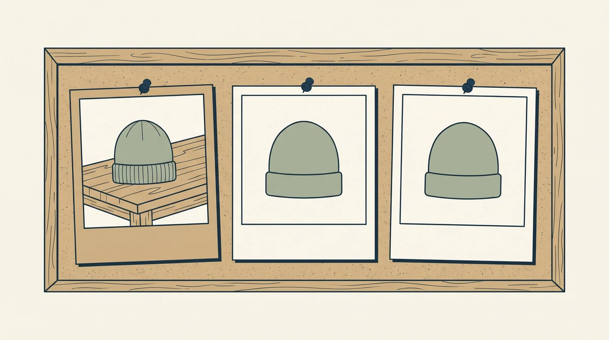 Three prints of the same knitted beanie pinned to a cork board, the first a plain shot on a real wooden table with a tan border.