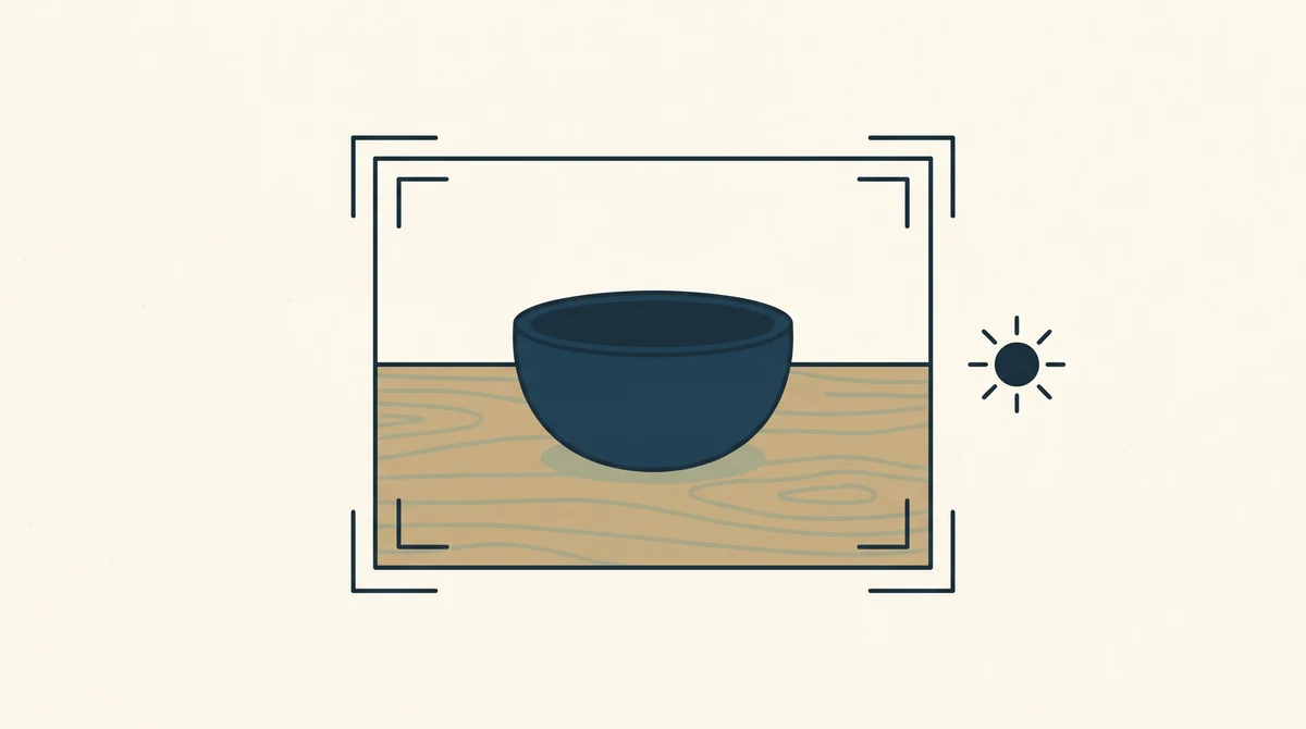 A product photo of a ceramic bowl inside crop marks, with a sun shaped brightness icon beside it.