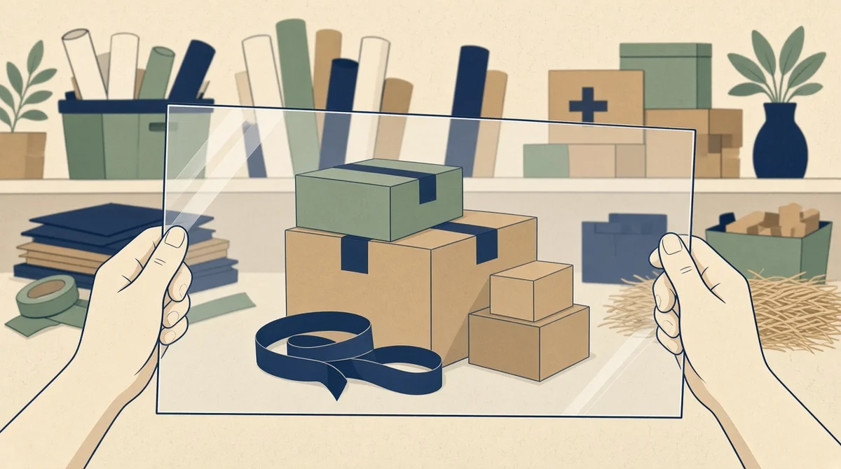 Hands holding a clear pane in front of a packing station, with boxes in focus and supplies behind