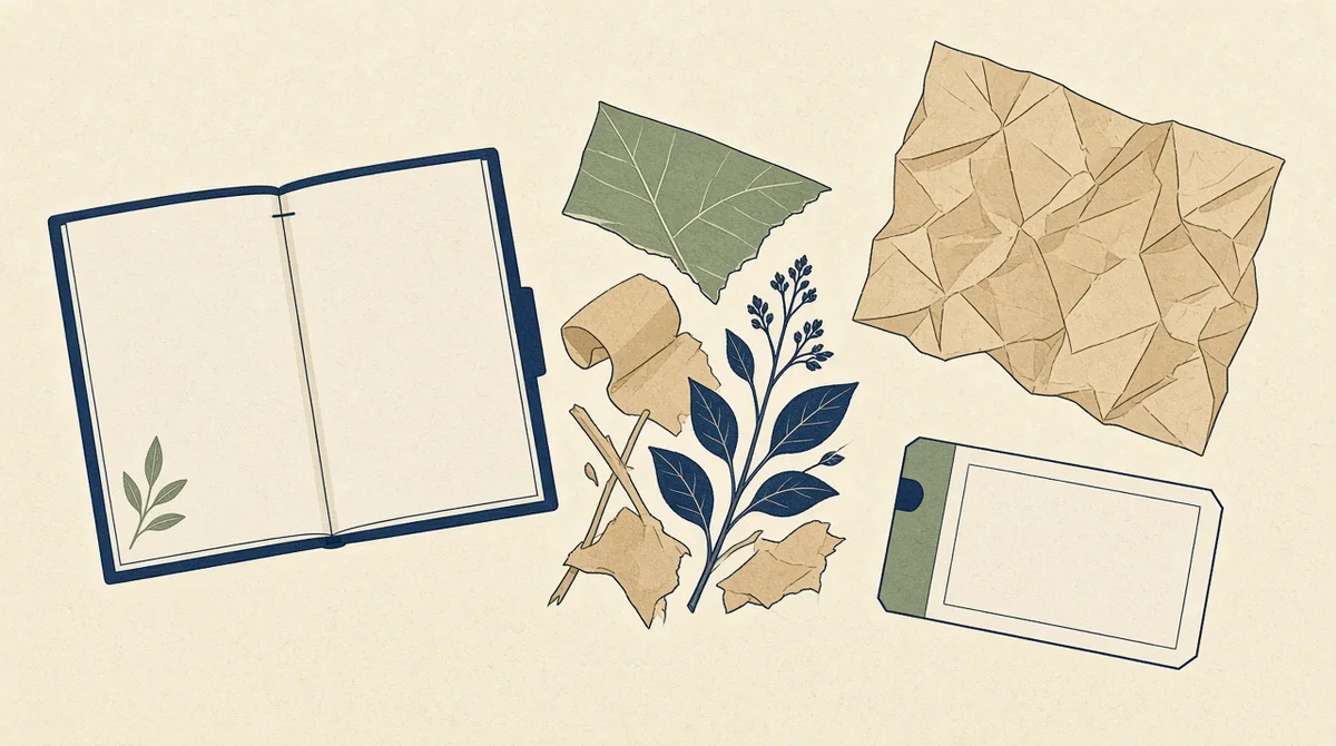 Overhead view of a blank order slip beside materials, packing paper, and a blank shipping label