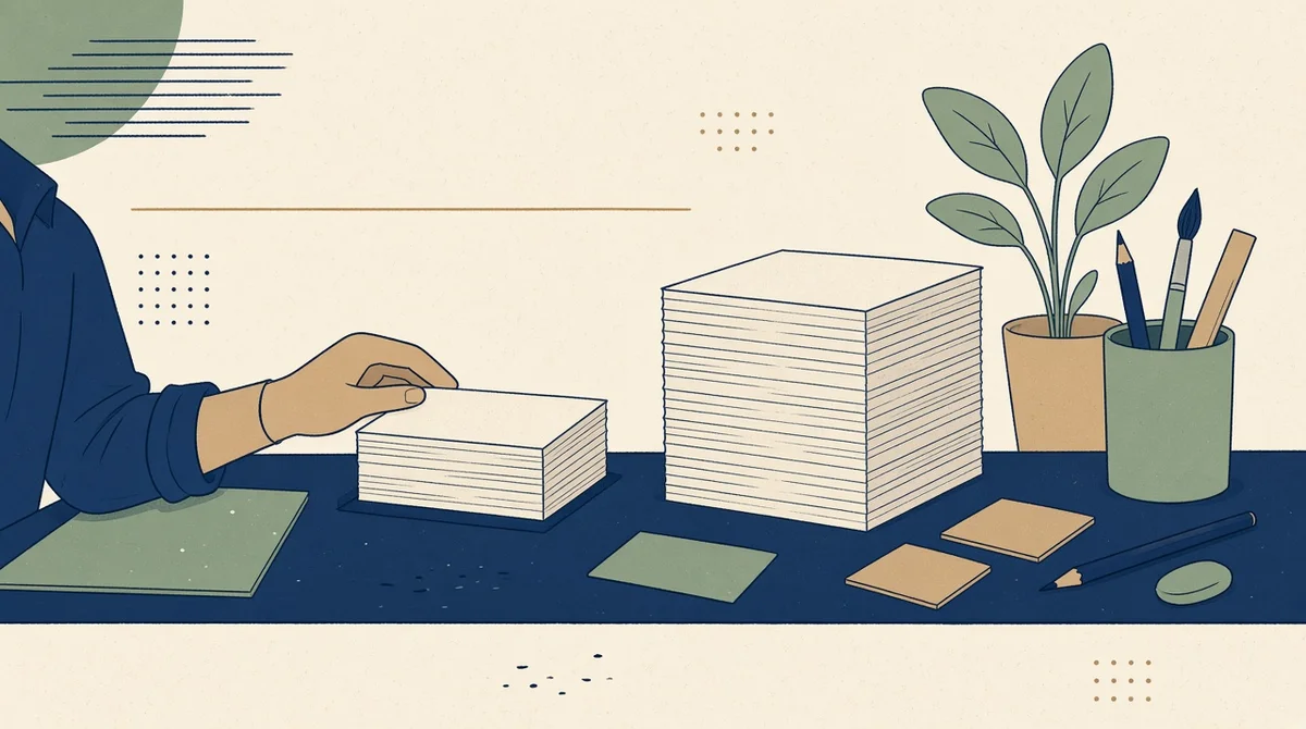 Hands comparing a short stack of blank cards with a taller stack on a workbench