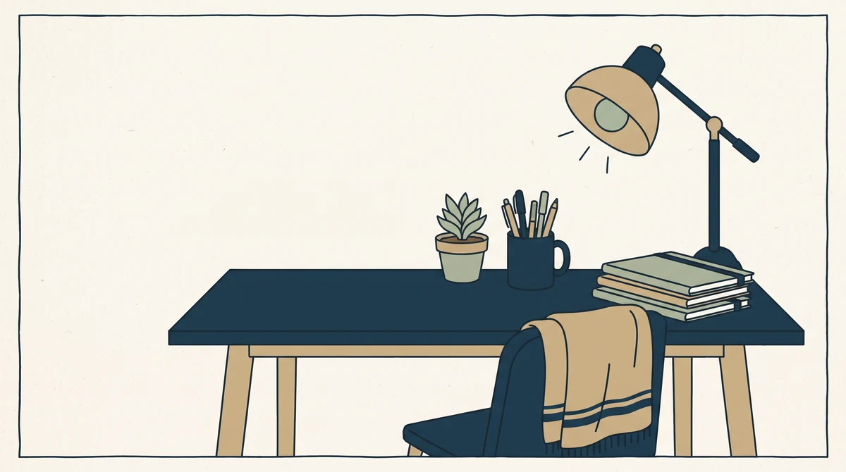 A study desk set up with a lamp, a stack of notebooks, a mug of pens, a small potted plant and a folded blanket over the chair.