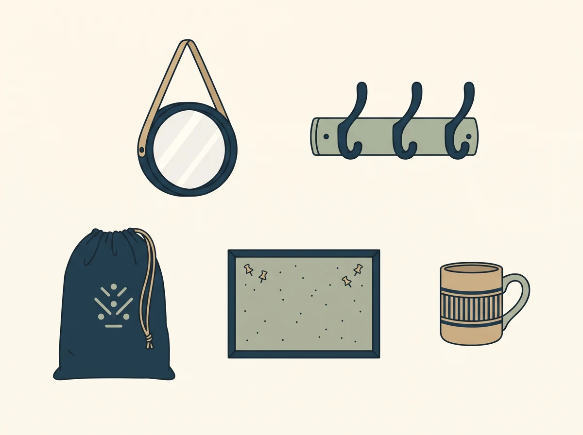 A grid of dorm room items laid out from above: a round mirror, hooks, a drawstring laundry bag, a pinboard and a mug.