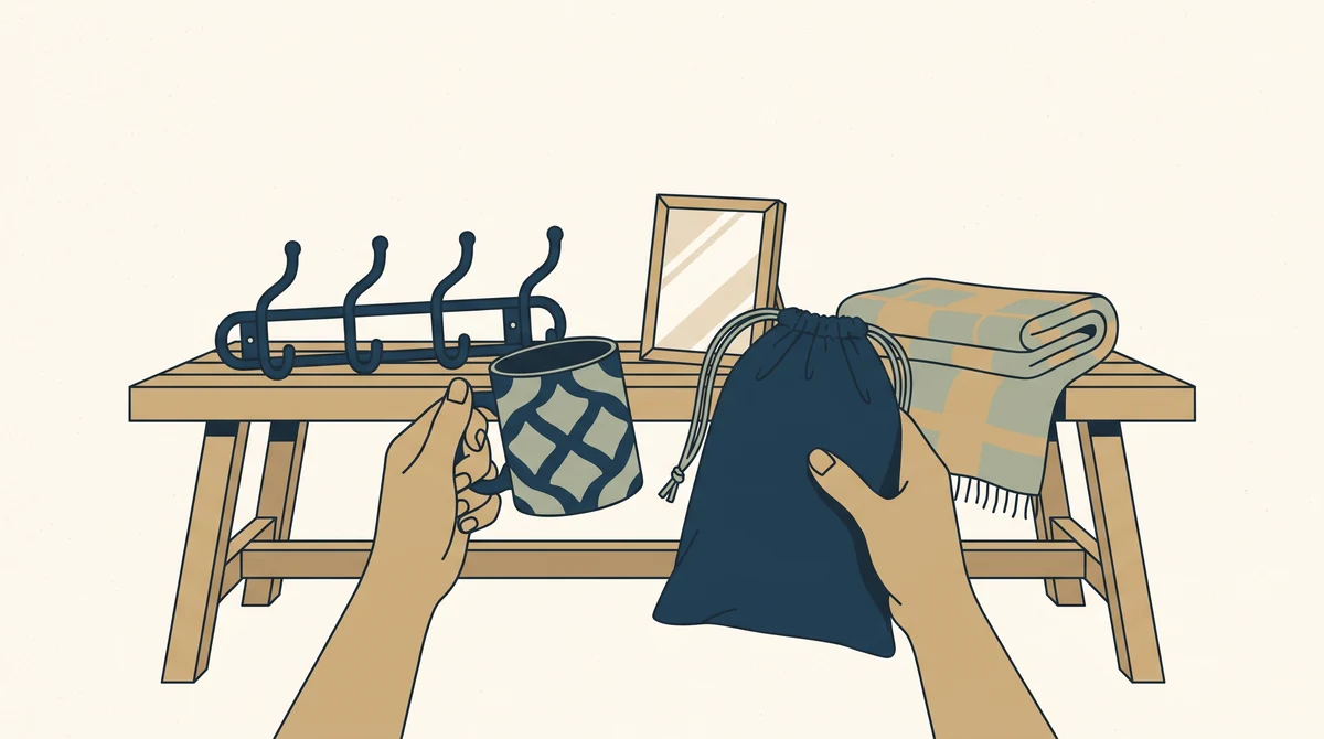 A bench with a row of small dorm room items, two hands lifting a mug and a drawstring laundry bag forward from the rest.