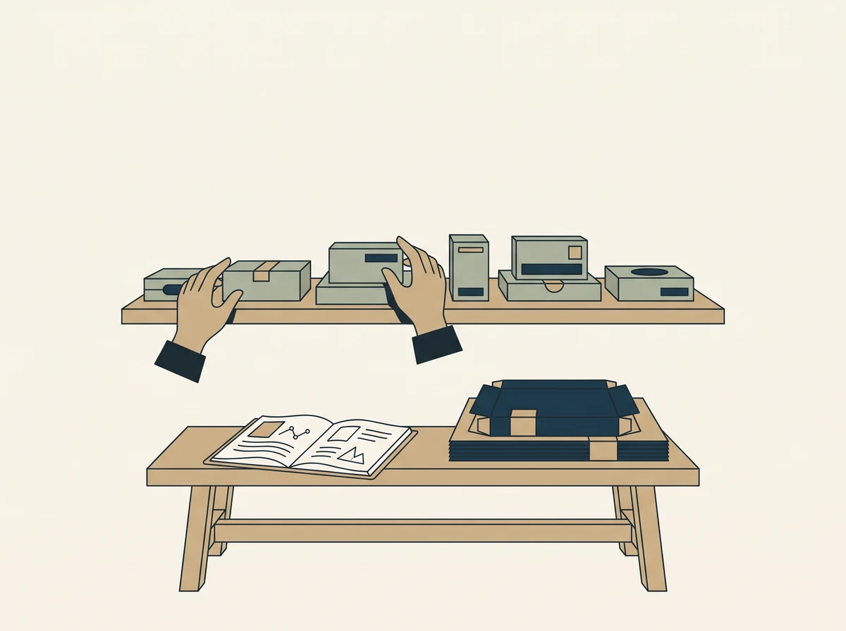 Hands arranging finished pieces on a shelf above a bench holding an open notebook and a stack of flat packed boxes.