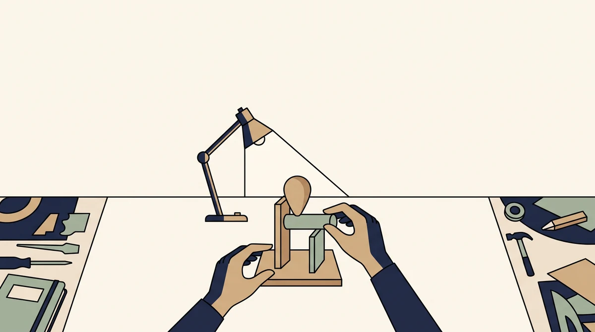 A single handmade object under a desk lamp, with two hands adjusting its position on an otherwise cleared bench.