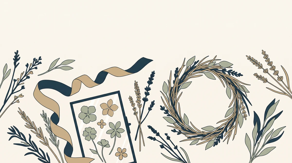 A table laid with dried and pressed botanicals: loose stems, a small wreath, pressed flowers under glass and a length of ribbon.