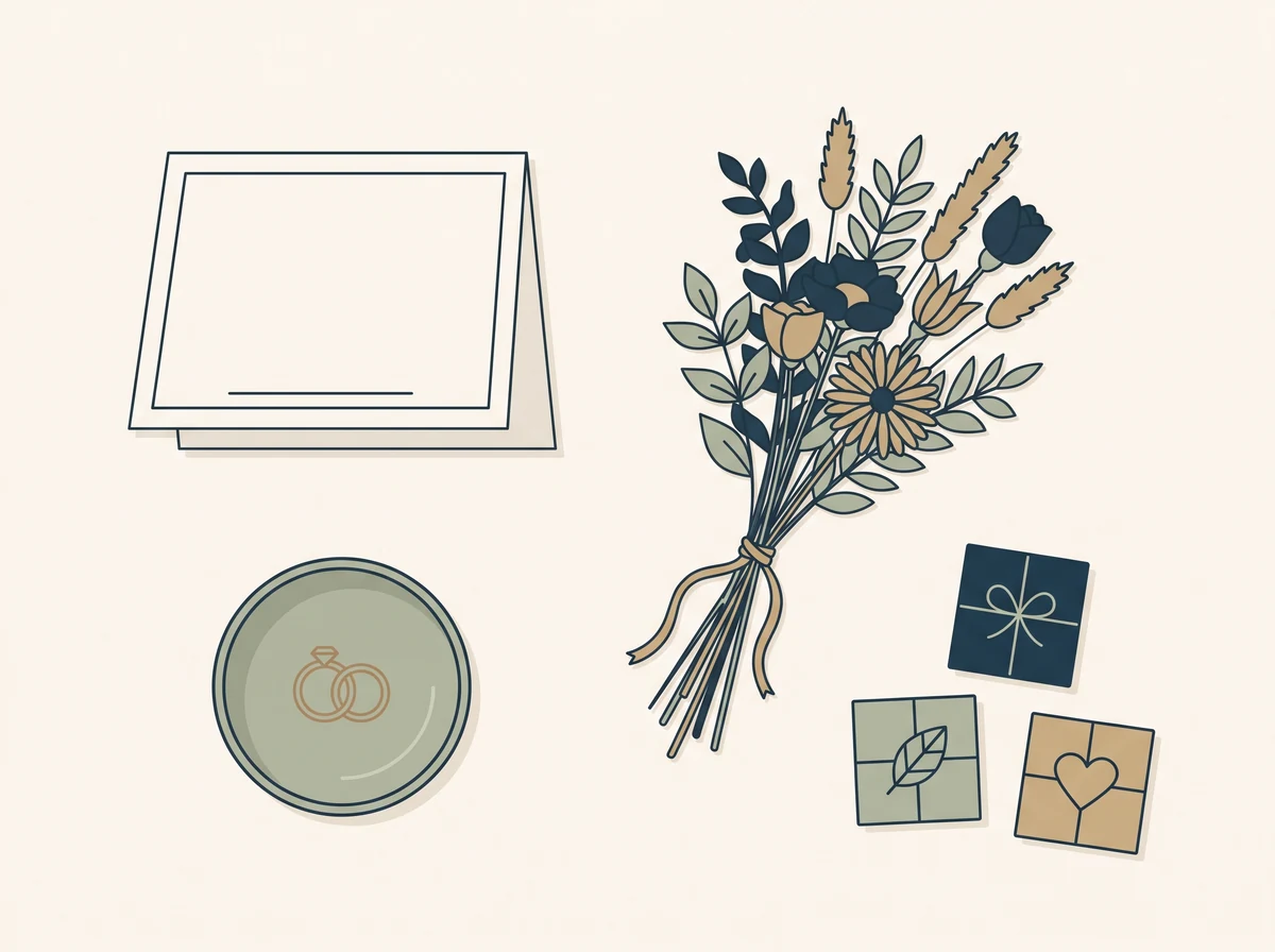 A flat lay of wedding items from above: blank folded stationery, a ring dish, a dried posy and three small favour boxes.