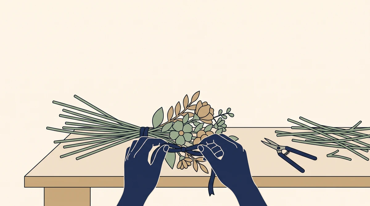 Hands binding a small posy with ribbon at a bench, with loose stems and snips laid out beside them.