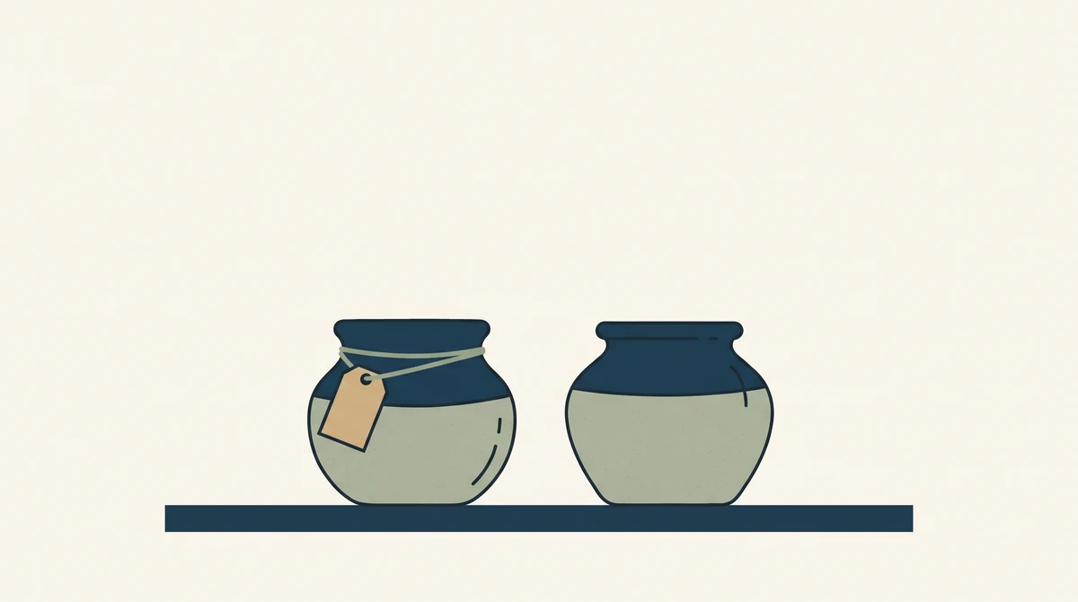 Two similar handmade objects on a shelf, one tagged and one untagged, illustrating that classification differs item by item