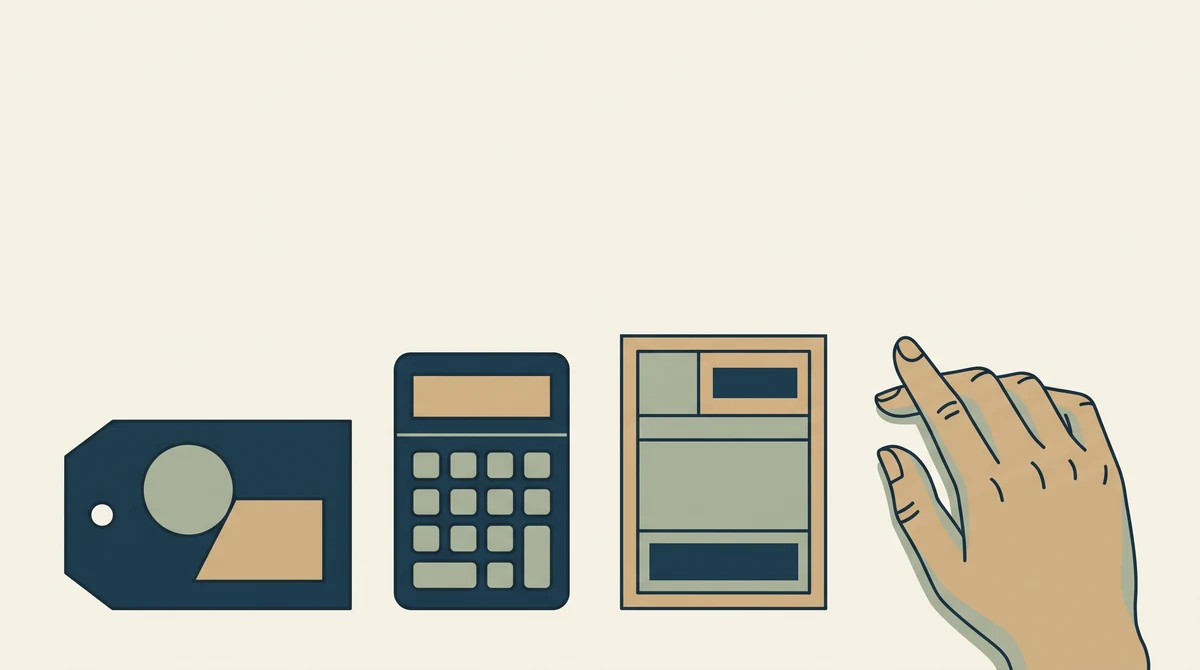 Overhead view of a price tag, calculator and shipping label on a maker desk with a hand resting nearby