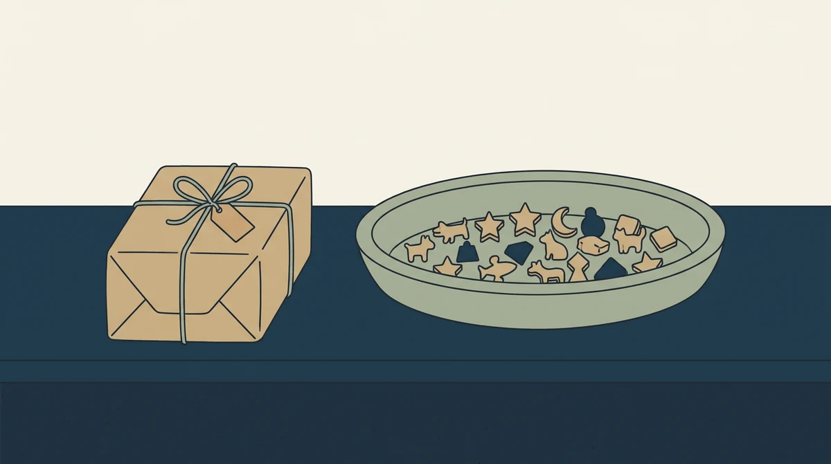A shallow dish of tiny charms on a shop counter beside a wrapped parcel ready to go.