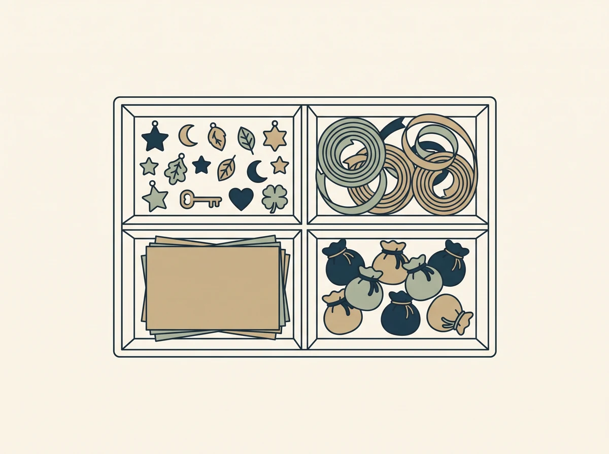 A compartmented tray holding small extras: charms, coils of ribbon, folded blank cards and tiny pouches.