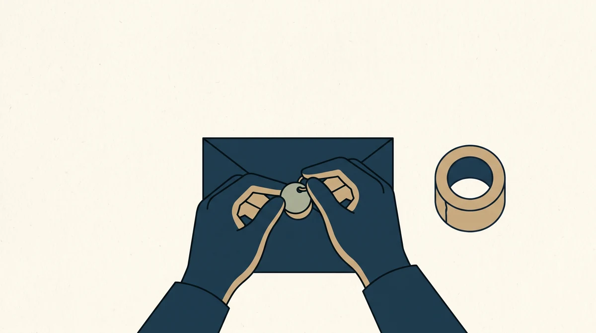 Hands tucking a small charm into a parcel just before sealing it, with a roll of tape beside them.