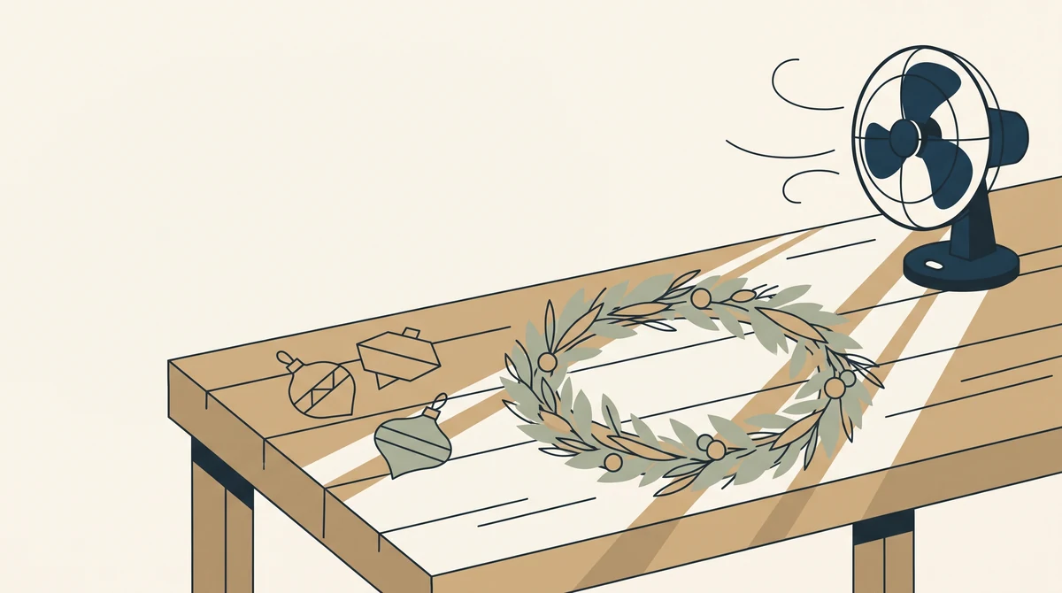 A sunlit workbench with a half finished wreath and unfinished ornaments, and a small desk fan at one end.