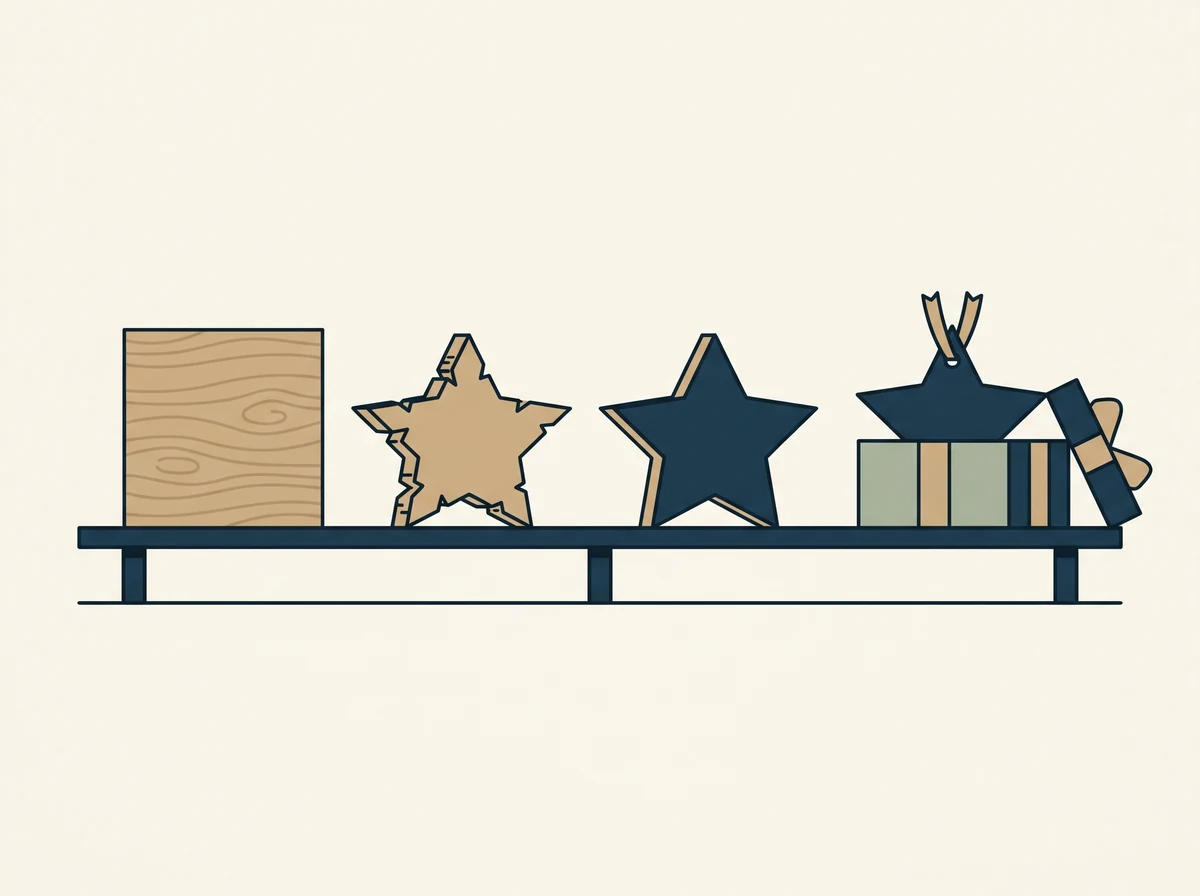 The same wooden star ornament at four build stages along a bench: an uncut blank, a rough cut star, a painted star, and a finished star with ribbon in an open box.