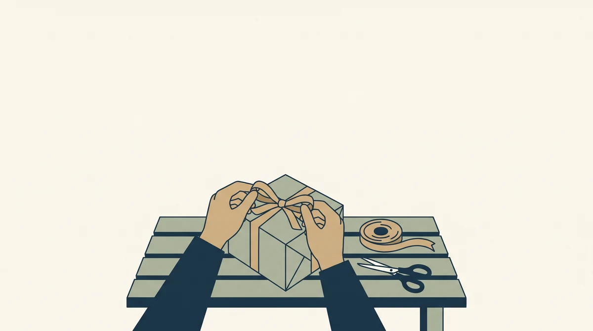 Hands tying ribbon around a finished gift box, with a ribbon spool and scissors beside it.