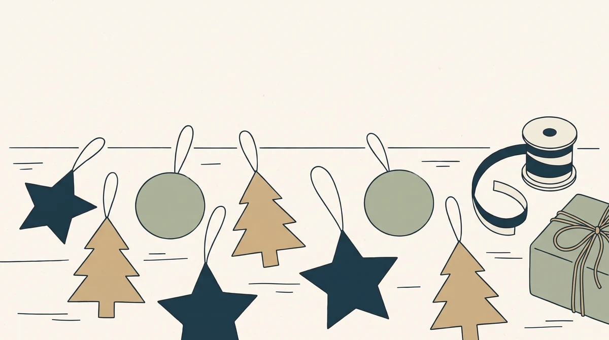 Several finished hanging ornaments laid out on a workbench with a spool of ribbon and a small gift box beside them.