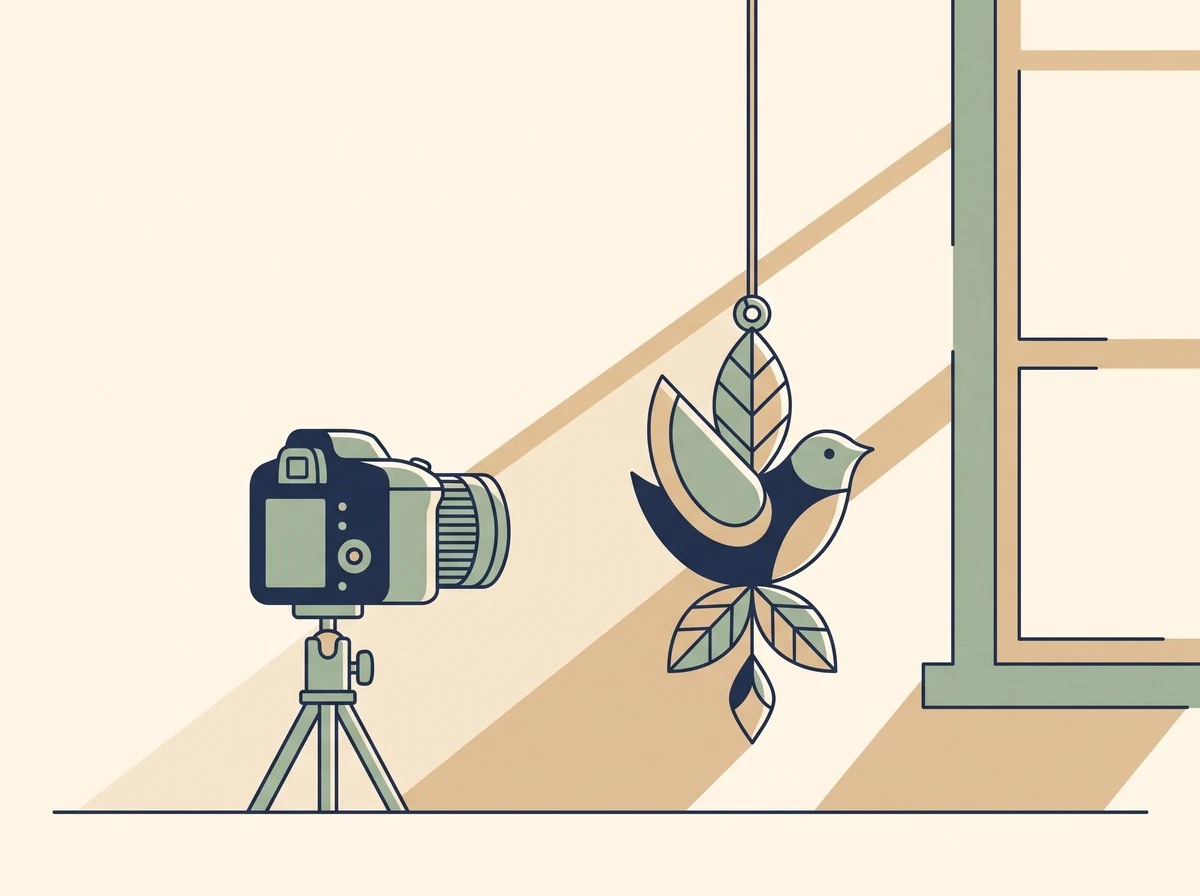 A single hanging ornament photographed close up beside a window in bright daylight, with a camera on a small tripod.