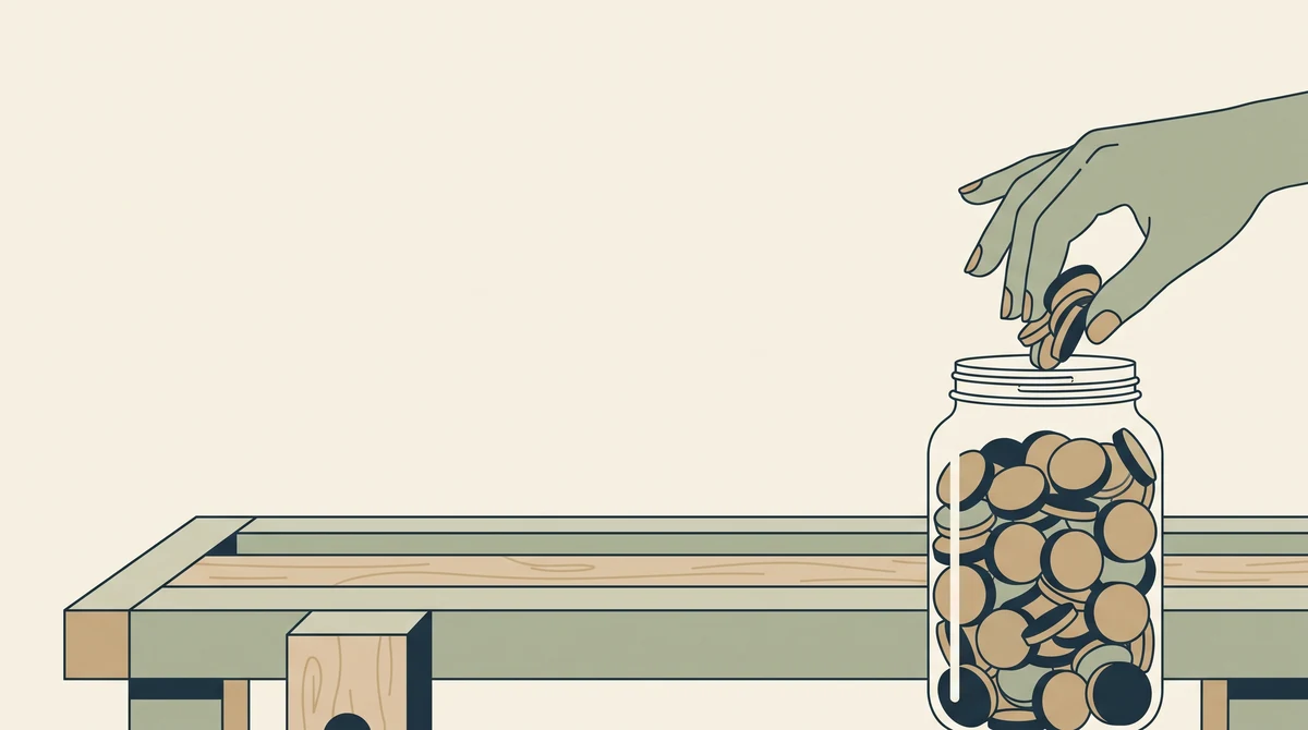 A hand lifting a handful of coins out of an otherwise full jar standing on a workbench.
