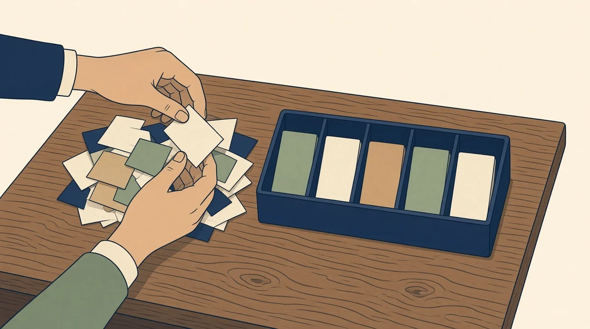 Hands sorting loose slips into five blank card slots on a wooden desk