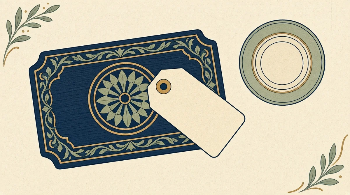 Blank price tag on an engraved wood piece beside an empty coin dish