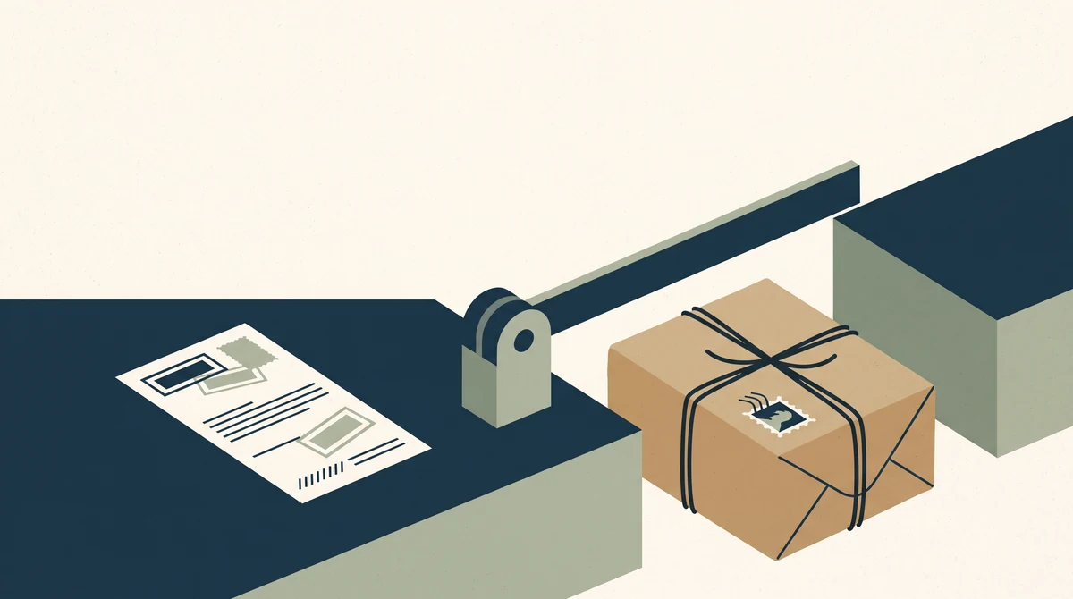 A wrapped parcel passing under a simple raised barrier arm on a counter, with a stamped paper docket beside it.