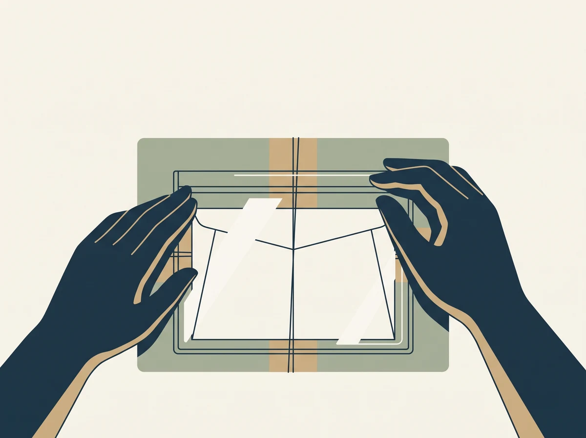 Hands pressing a clear document pouch holding a blank folded form onto the top of a wrapped parcel.