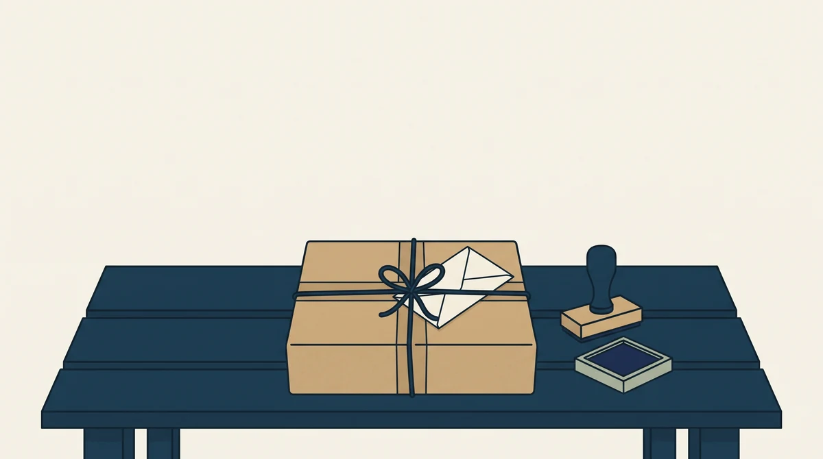 A sealed parcel with a blank folded form tucked under its tape, a stamp and an ink pad beside it.