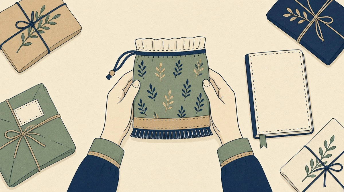 A pair of hands holding a small handmade object over a packing table, with a blank notebook beside it.