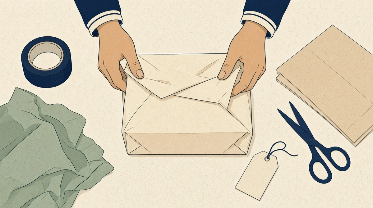 A pair of hands wrapping a parcel on a packing table, with a blank tag and no printed words.