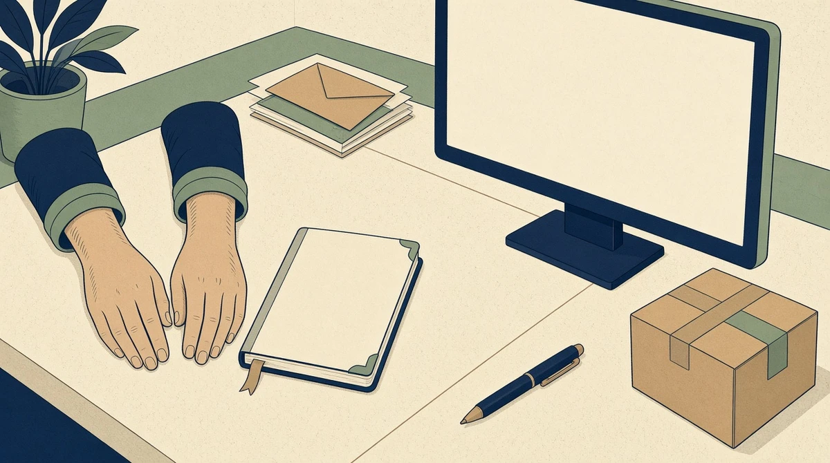 A pair of hands beside a closed notebook on a desk, next to a blank screen with no letters.
