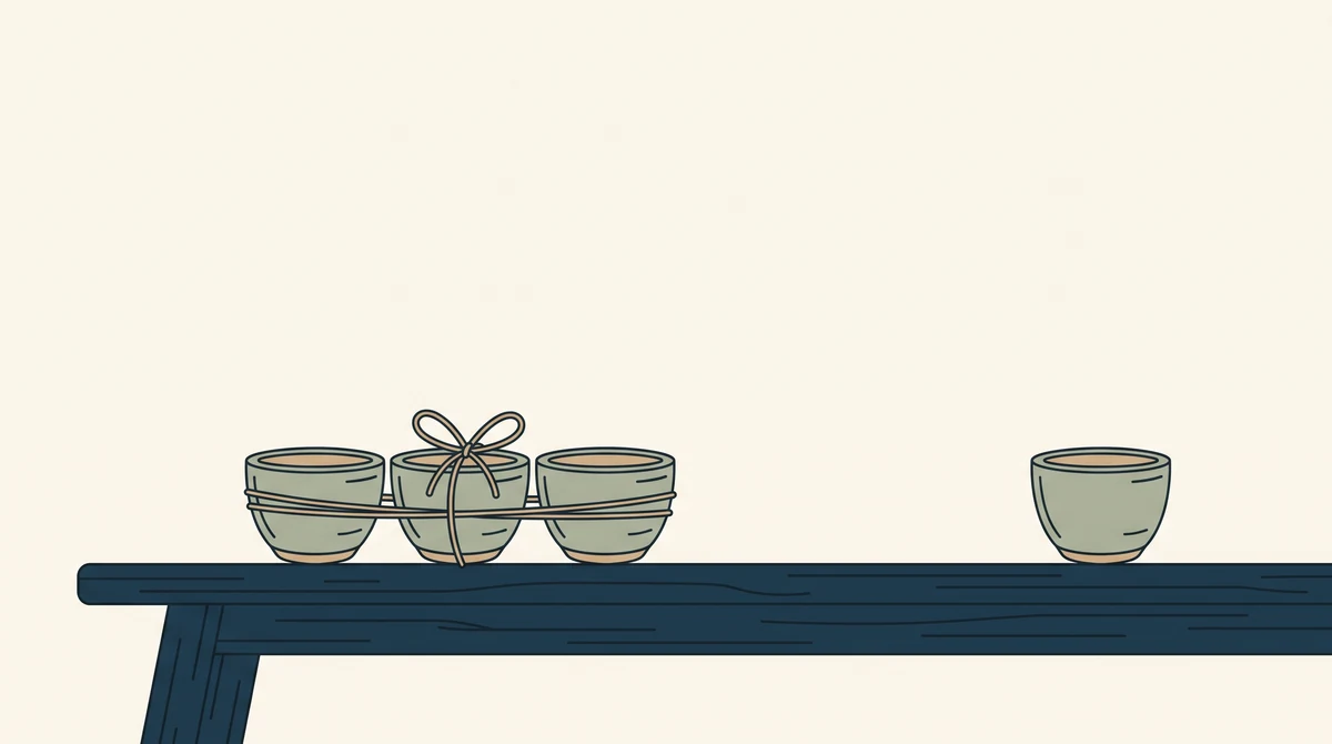 Three matching handmade bowls tied together as a set with twine, with a single bowl of the same kind sitting apart from them.