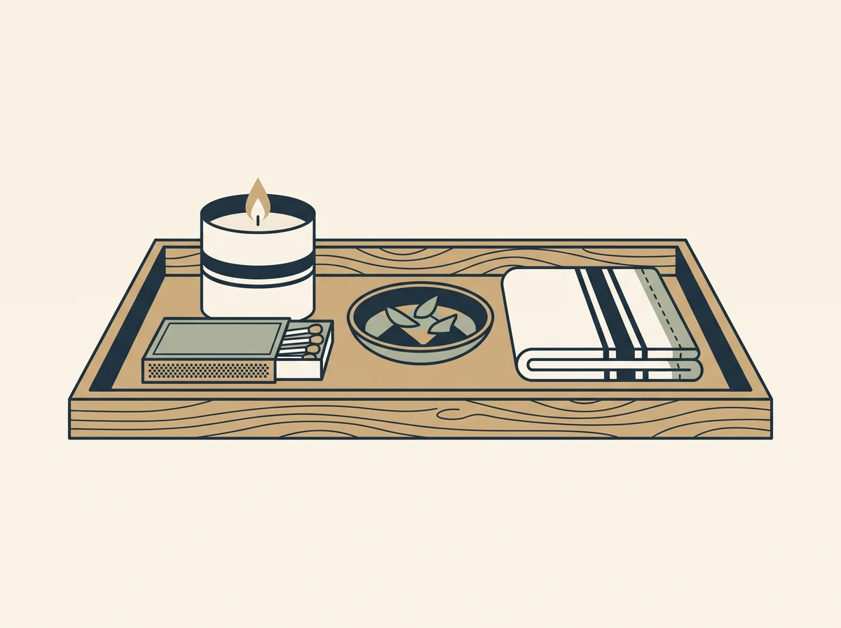 A wooden tray holding a candle, a box of matches, a small dish and a folded cloth, grouped as a set.