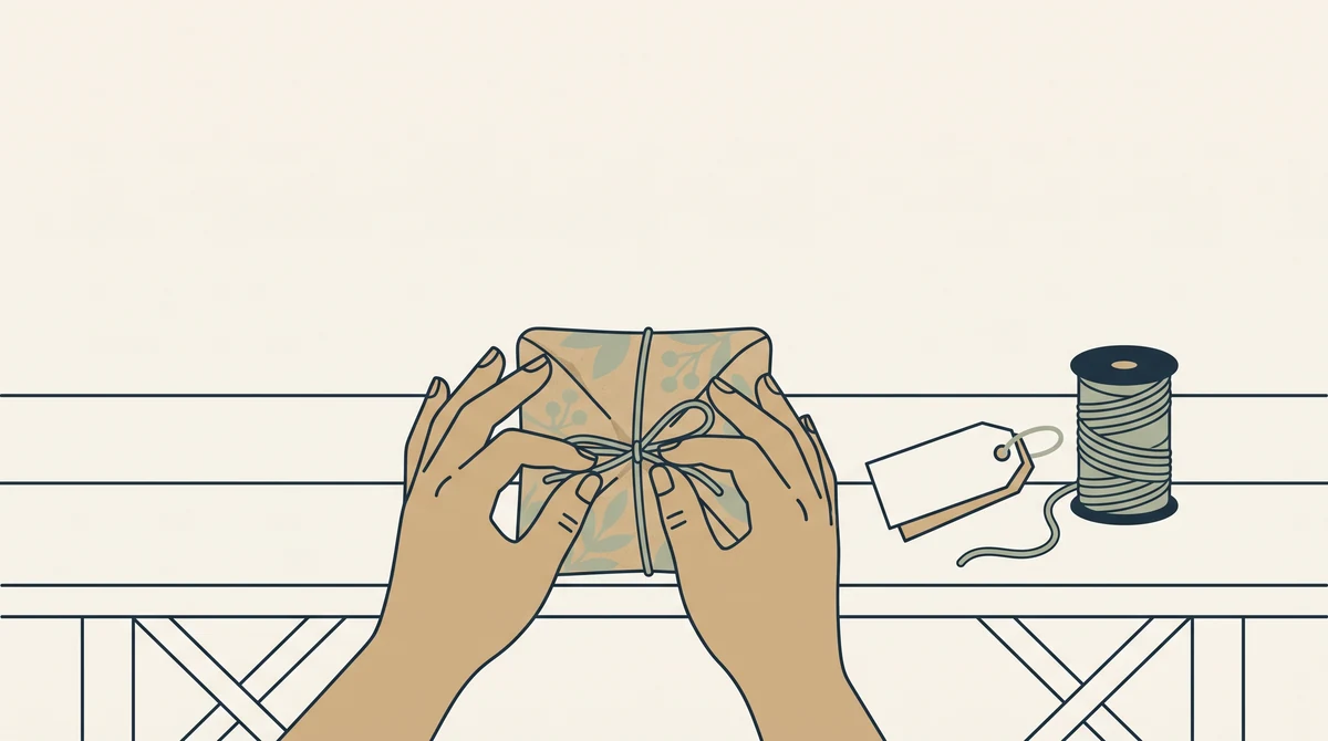 Hands wrapping a set of items together in paper, with a blank tag and a spool of twine waiting beside them.