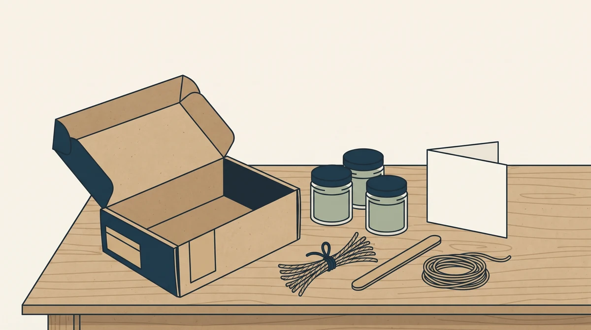 An open craft kit box on a table with its contents laid out beside it: jars, wicks, a wooden stirrer, twine and a folded instruction card.