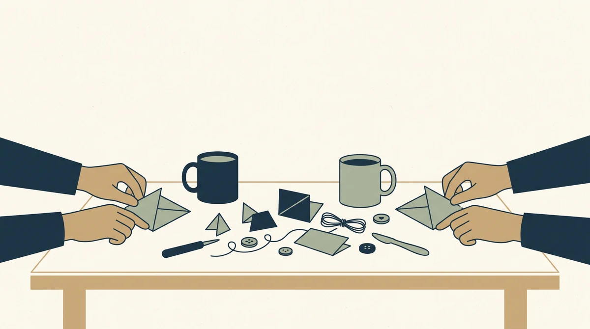 Two pairs of hands working on the same craft across a shared table, with mugs and materials scattered between them.