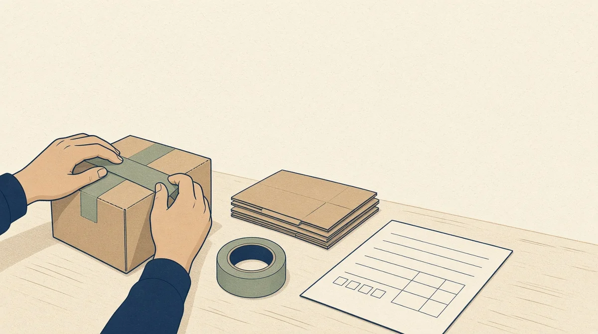 Hands taping a small parcel closed on a workbench beside a blank unprinted form