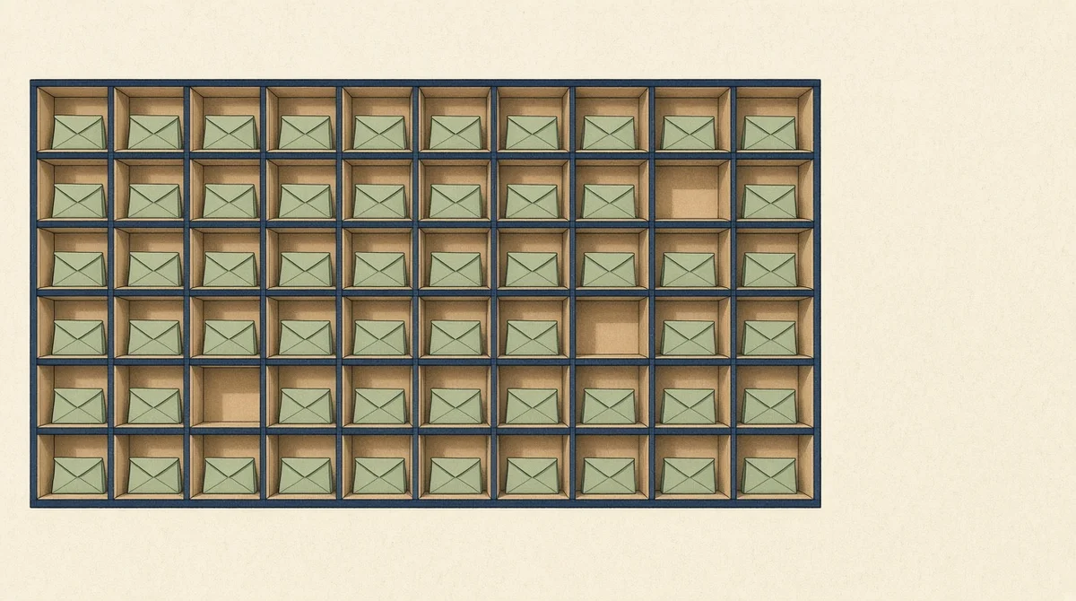A grid of wooden pigeonhole boxes holding folded paper, three of them empty