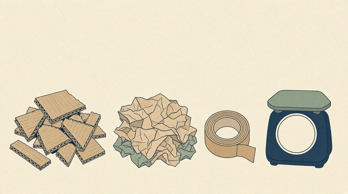 Packaging materials sorted into three piles beside a scale with a blank dial