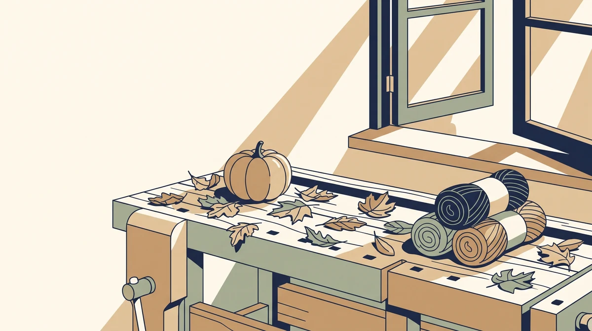A summer workbench covered in autumn materials: dried leaves, a small pumpkin and skeins of warm wool, with bright light from a window.