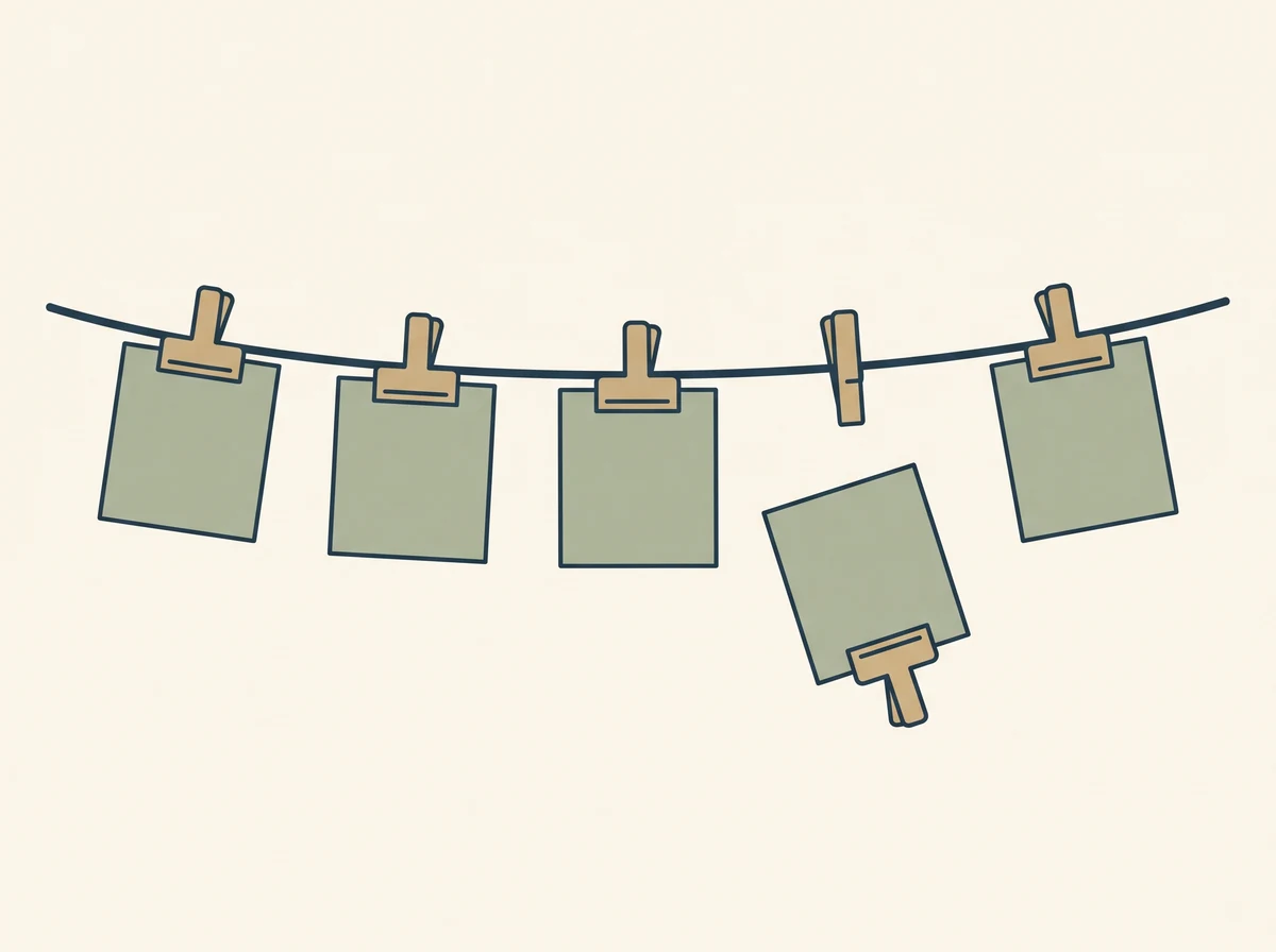 A length of string pegged across a wall with five small blank cards clipped along it at even intervals.