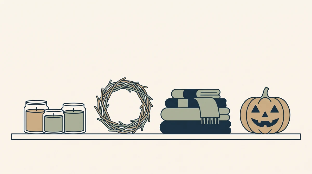 A shelf of finished autumn pieces: poured candles, a twig wreath, folded knitted goods and a simple carved pumpkin.