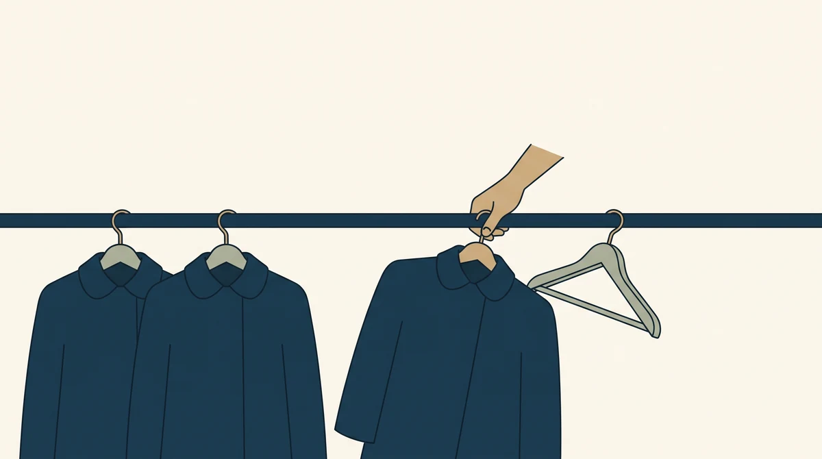A clothing rail with three plain coats, one being lifted off by a hand, leaving an empty wooden hanger swinging.