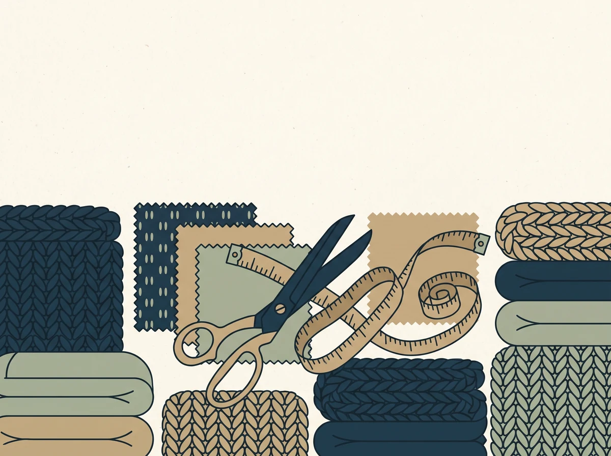 A workbench laid with folded knitted textiles and fabric swatches, with scissors and a tape measure resting across them.
