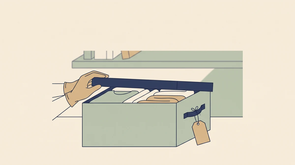 Hands closing a storage box of folded garments, with a blank paper tag tied to its handle.