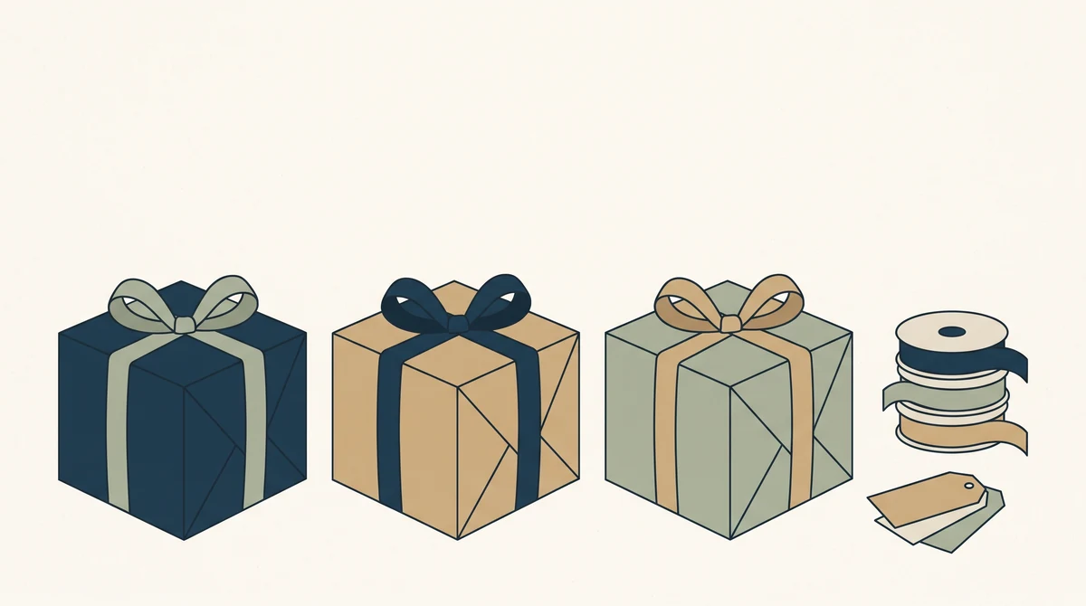 A gift wrapping table with three finished wrapped presents in a row, and spools of ribbon and blank tags at one end.